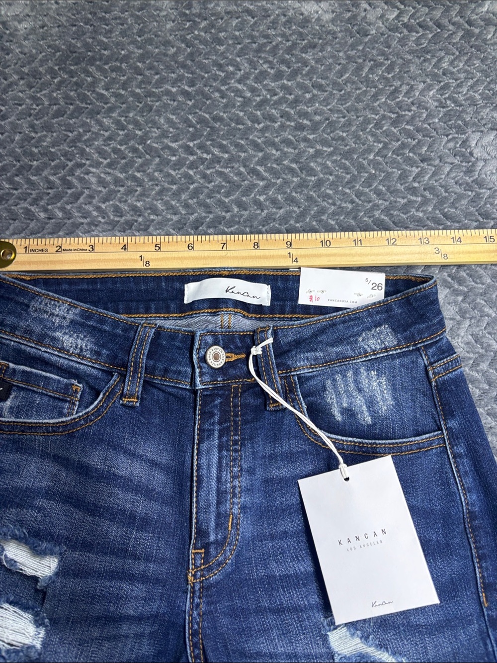 KanCan Dark Blue Distressed Jeans with Yellow Leopard Patch & Cuff - Picture 5 of 8